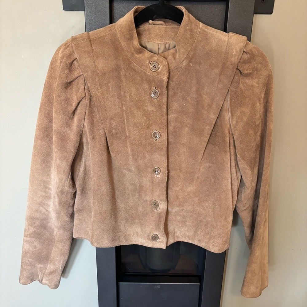 Vintage Le Soleil Suede Jacket Tan Puff Shoulder 80s Cropped Button Front​​